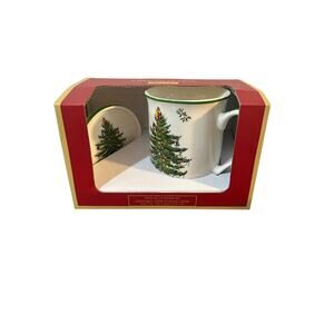 Spode Christmas Tree Mug and Coaster Set Ceramic 12oz